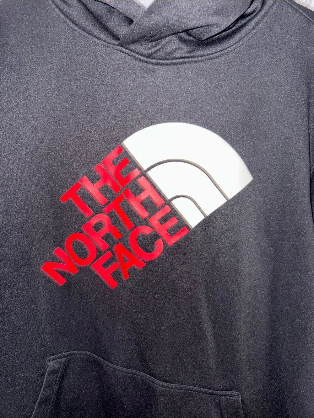The North Face Black Hoodie with Red Logo and White Arch